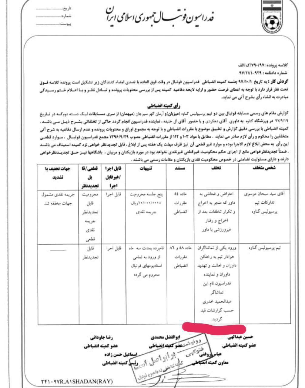نماینده گناوه از حکم تنبیهی فدراسیون فوتبال تبرئه شد