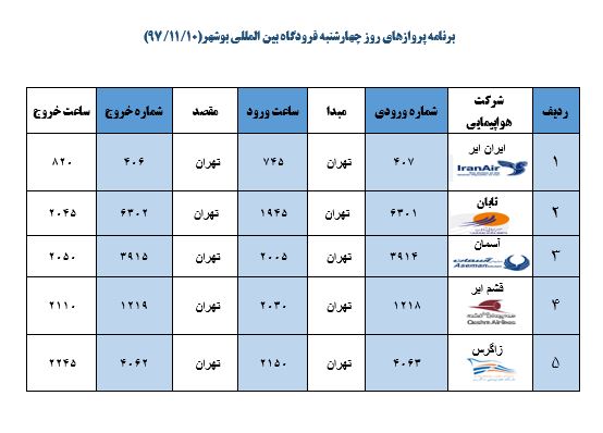 جدول پروازهای فرودگاه بوشهر