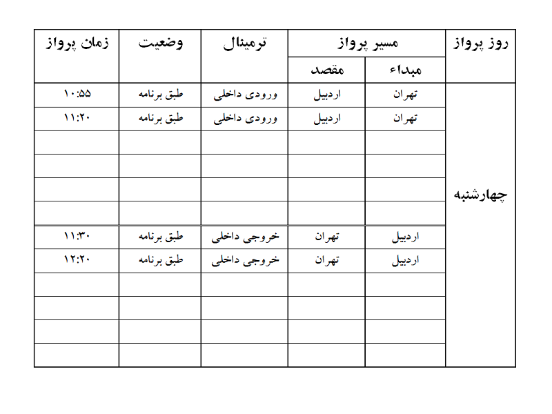 پرواز&zwnj;های فرودگاه اردبیل چهارشنبه ۱ اسفند ماه
