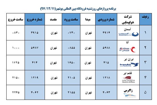 برنامه پروازی فرودگاه بوشهر
