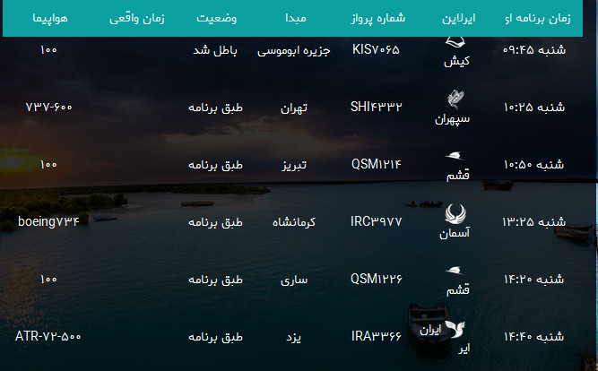 پرواز&zwnj;های فرودگاه بندرعباس شنبه ۱۱ اسفند۹۷