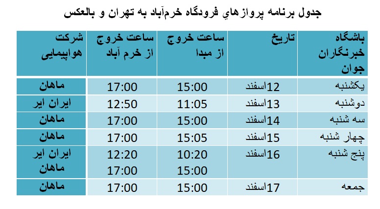 برنامه پرواز‌های فرودگاه خرم‌آباد از ۱۲ تا ۱۷ اسفندماه