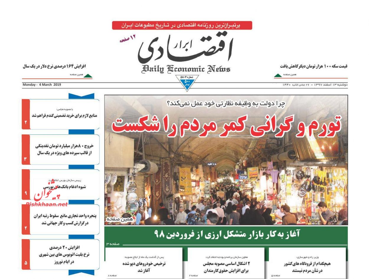 صفحه نخست روزنامه&zwnj;های اقتصادی ۱۳ اسفند ماه