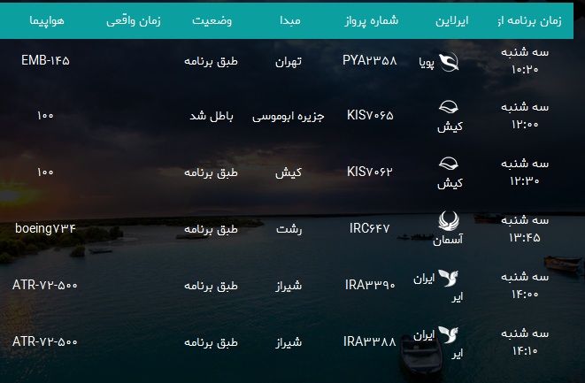 پرواز&zwnj;های فرودگاه بندرعباس سه شنبه ۱۴ اسفند۹۷