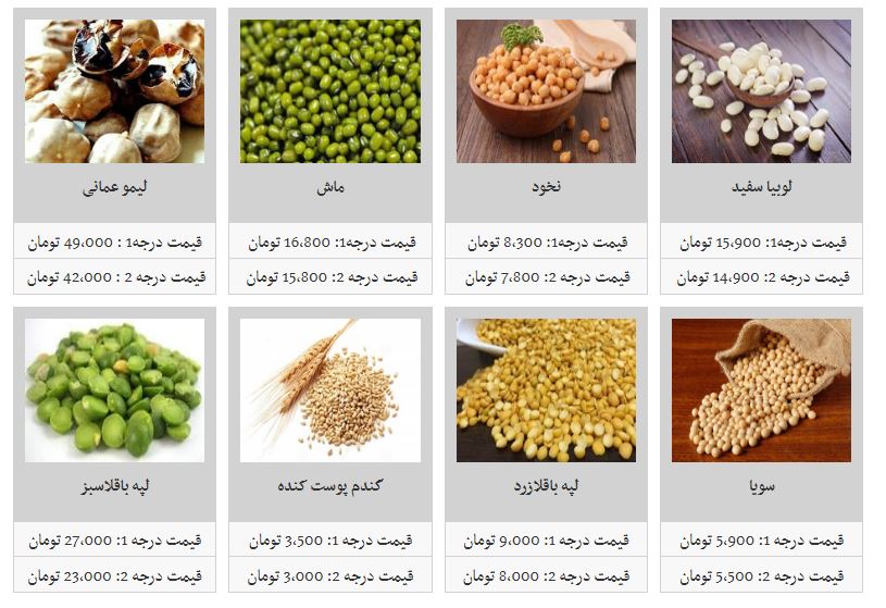 نرخ حبوبات غیر شرکتی در غرفه تره بار