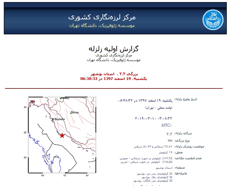 زلزله ۳.۳ ریشتری دیر را تکان داد