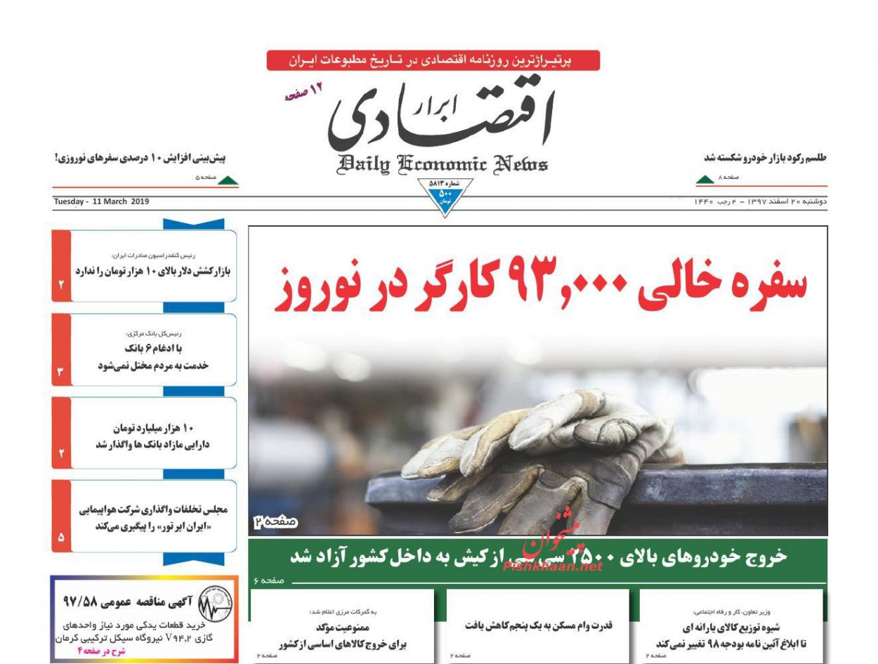 صفحه نخست روزنامه&zwnj;های اقتصادی ۲۰ اسفند ماه