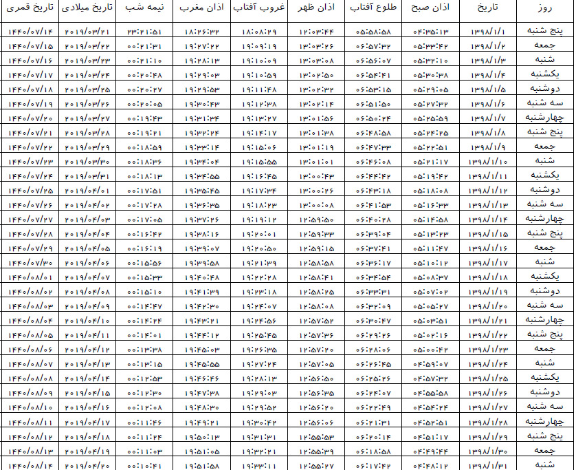 اوقات شرعی فروردین ماه ۹۸ به افق سمنان