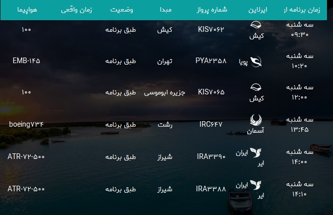 پرواز&zwnj;های فرودگاه بندرعباس دوشنبه ۲۰ اسفند۹۷