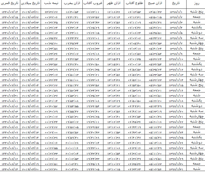 اوقات شرعی فروردین ۹۸ به افق اراک