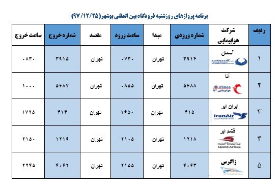 جدول پروازهای فرودگاه بوشهر