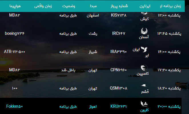 پرواز&zwnj;های فرودگاه بندرعباس یک شنبه ۲۶ اسفند ۹۷