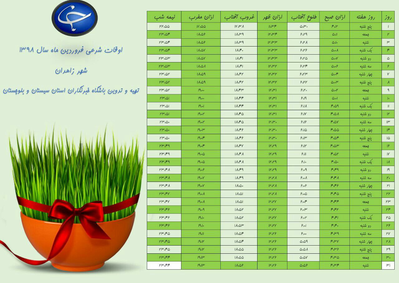 اوقات شرعی فروردین ماه ۹۸ به افق زاهدان