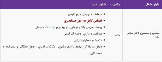 استخدام منشی و مسئول دفتر مدیر عامل (آشنا به حسابداری)/تهران