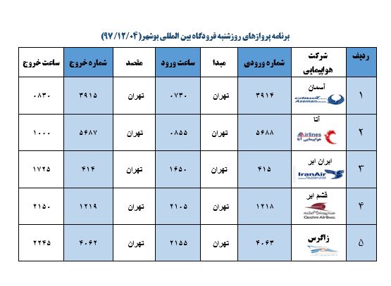 جدول پروازهای فرودگاه بوشهر