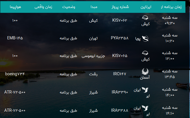 پرواز&zwnj;های فرودگاه بندرعباس سه شنبه ۷ اسفند۹۷