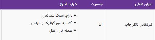 استخدام کارشناس ناظر چاپ آقا در تهران