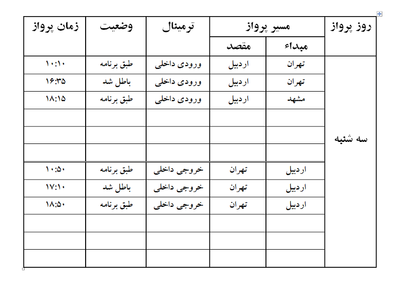 پروازهای فرودگاه اردبیل سه شنبه 11 اردیبهشت ماه