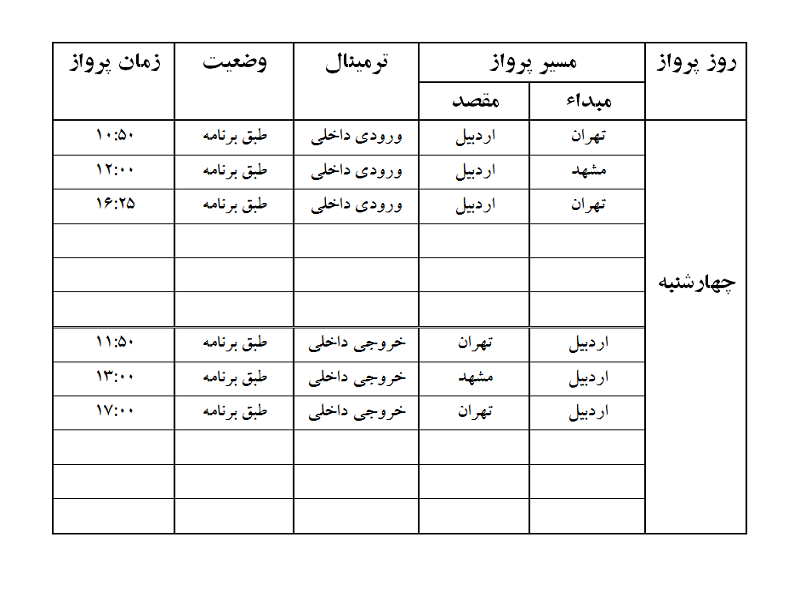 پروازهای فرودگاه اردبیل چهارشنبه 12 اردیبهشت ماه