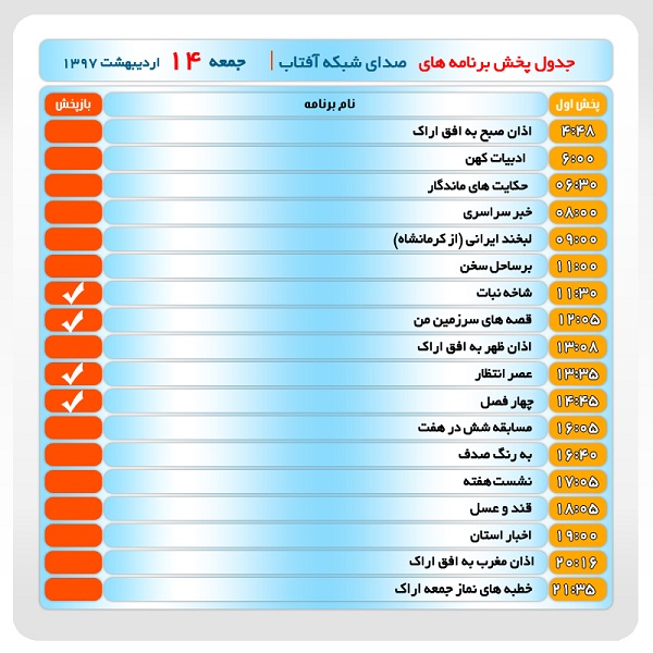 برنامه&zwnj;های صدای شبکه آفتاب در چهاردهم اردیبهشت ماه ۹۷