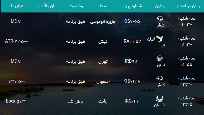 پرواز&zwnj;های فرودگاه بندرعباس سه شنبه ۱۸ اردیبهشت سال ۹۷