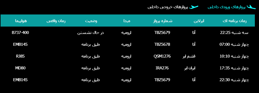 پرواز&zwnj;های چهارشنبه ۱۹ اردیبهشت ماه از فرودگاه بین المللی ارومیه