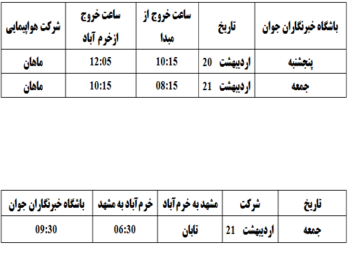 برنامه پرواز&zwnj;های فرودگاه خرم&zwnj;آباد ۲۰ و ۲۱ اردیبهشت ماه