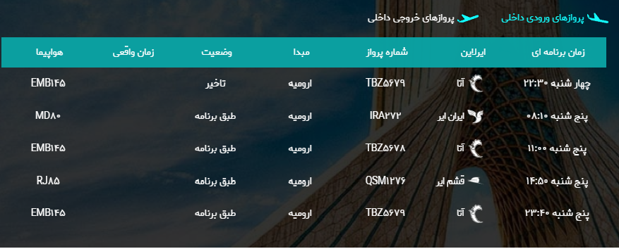 پرواز&zwnj;های پنجشنبه ۲۰ اردیبهشت ماه از فرودگاه بین المللی ارومیه