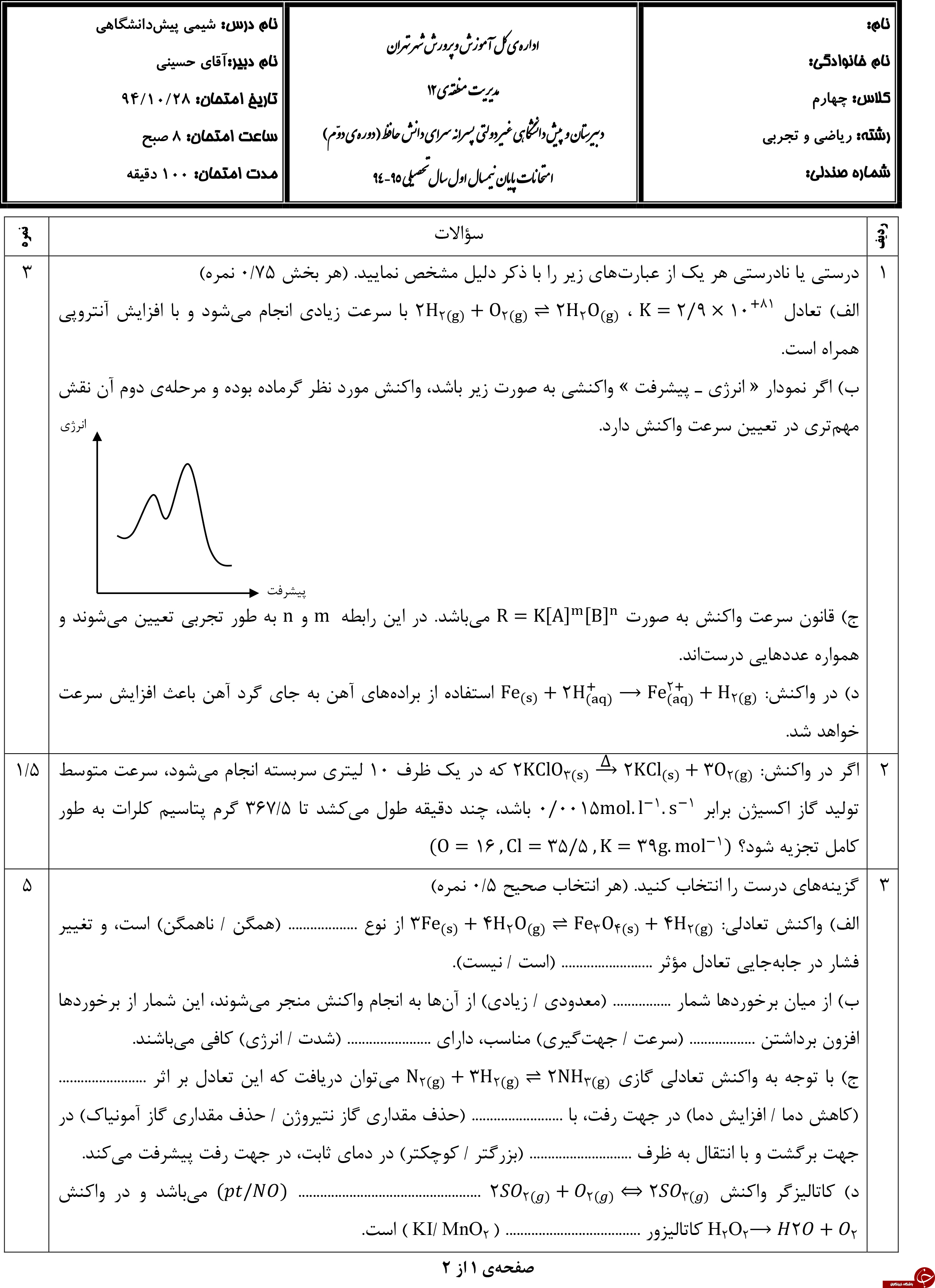 &nbsp;مهم ترین نمونه سوالات شیمی پیش دانشگاهی + تصاویر