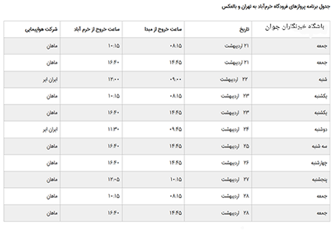 برنامه پرواز&zwnj;های فرودگاه خرم&zwnj;آباد تا ۲۸ اردیبهشت ماه ۱۳۹۷