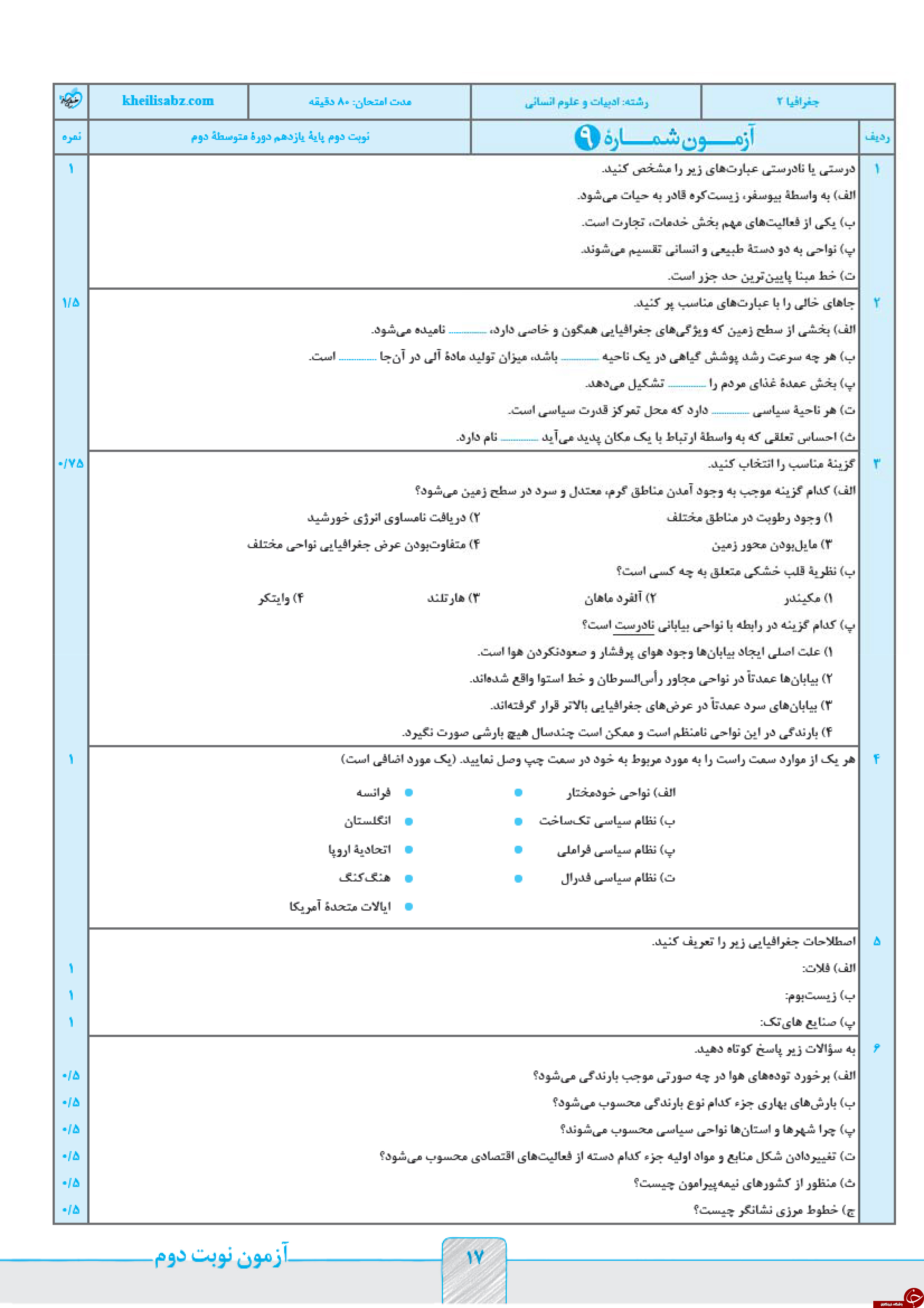 &nbsp;مهم ترین نمونه سوالات نوبت &nbsp;دوم&nbsp; رشته انسانی پایه یازدهم  به همراه پاسخ نامه