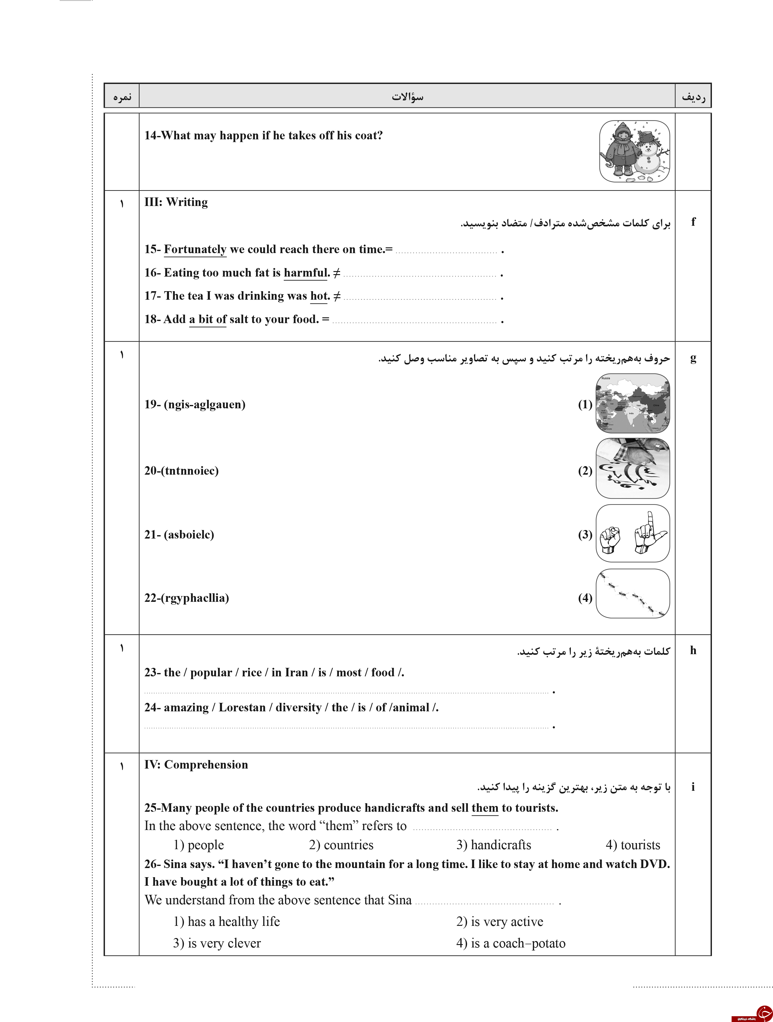 &nbsp;مهم ترین نمونه سوالات نوبت &nbsp;دوم&nbsp; رشته انسانی پایه یازدهم  به همراه پاسخ نامه