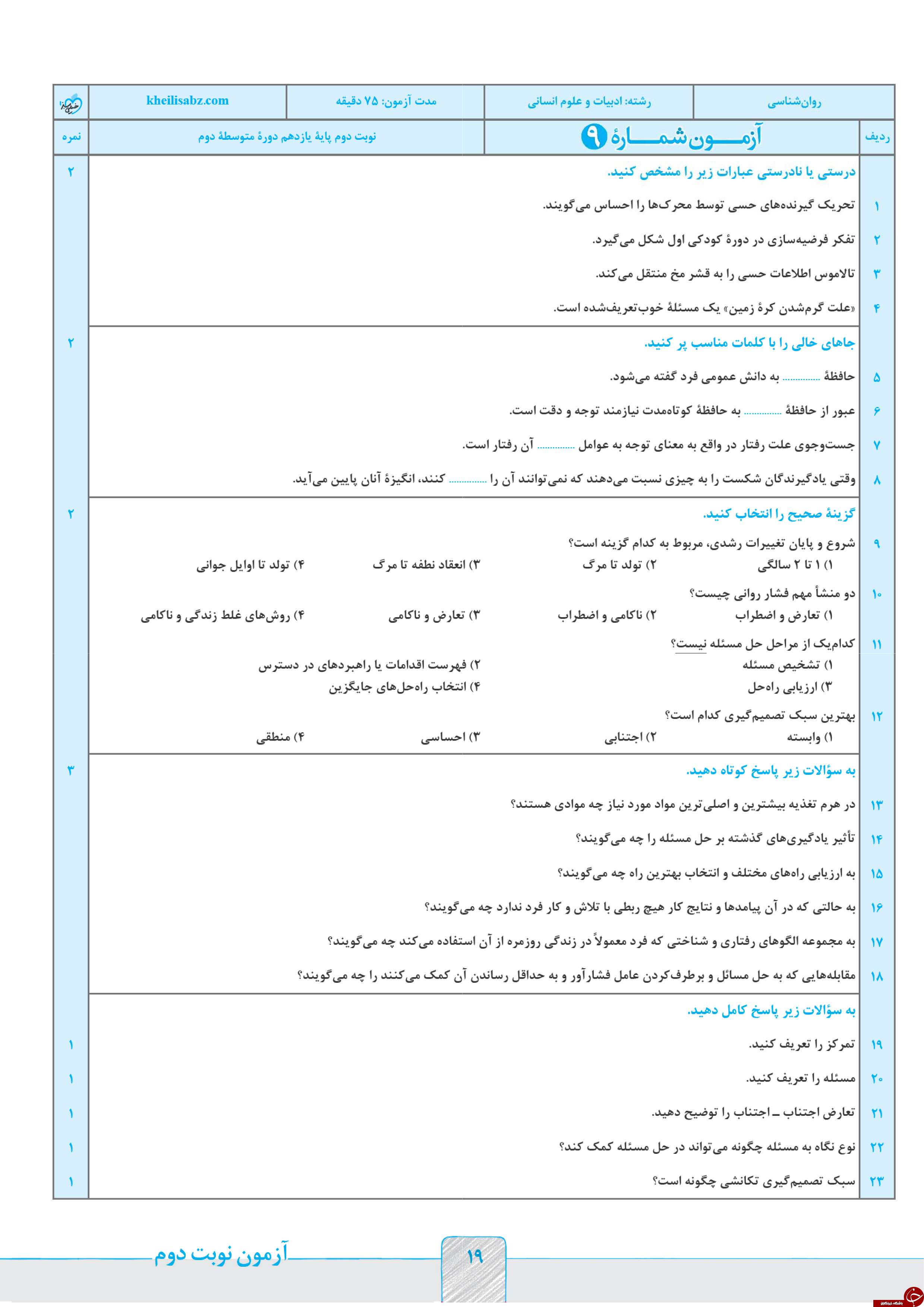 &nbsp;مهم ترین نمونه سوالات نوبت &nbsp;دوم&nbsp; رشته انسانی پایه یازدهم  به همراه پاسخ نامه