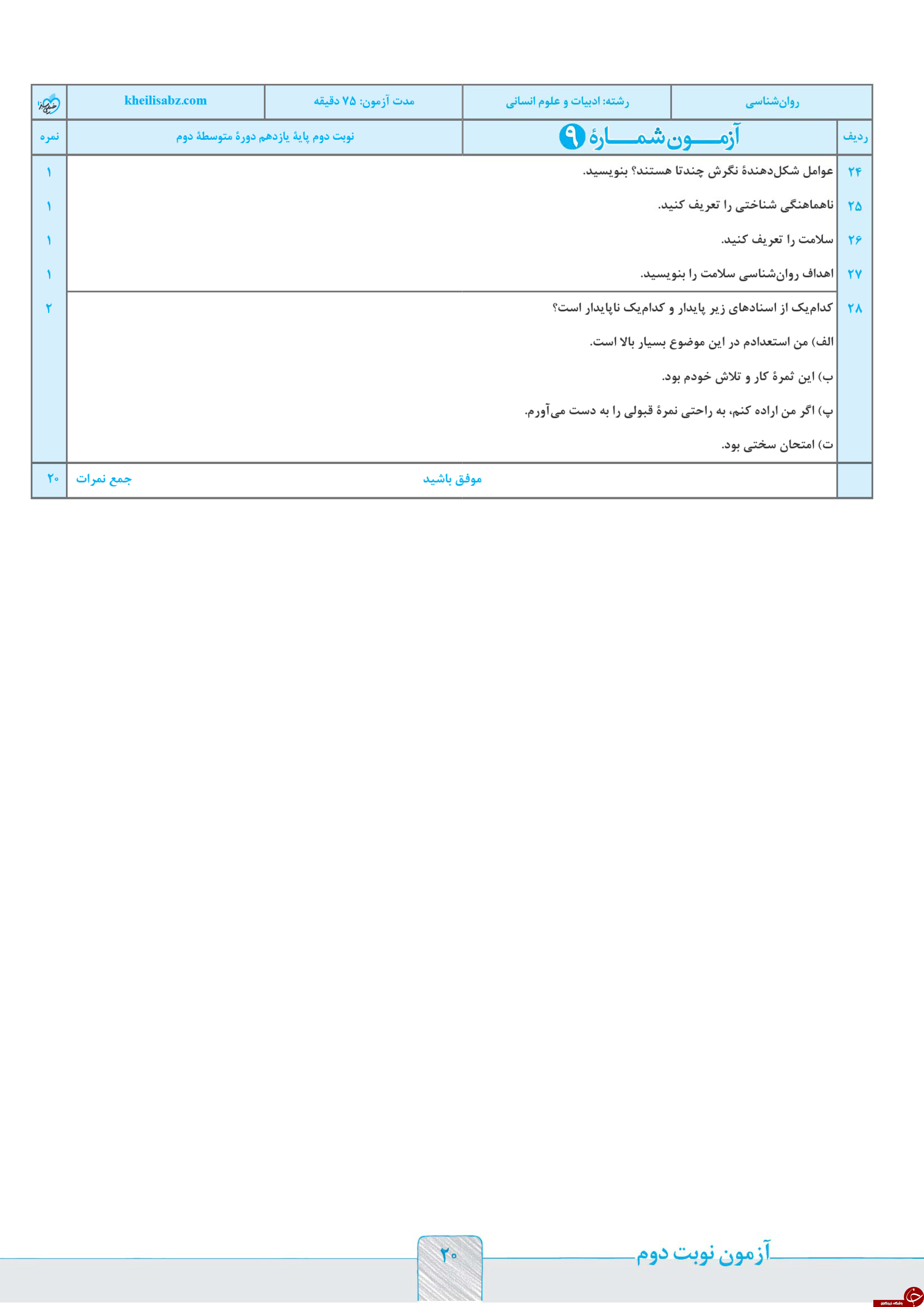 &nbsp;مهم ترین نمونه سوالات نوبت &nbsp;دوم&nbsp; رشته انسانی پایه یازدهم  به همراه پاسخ نامه