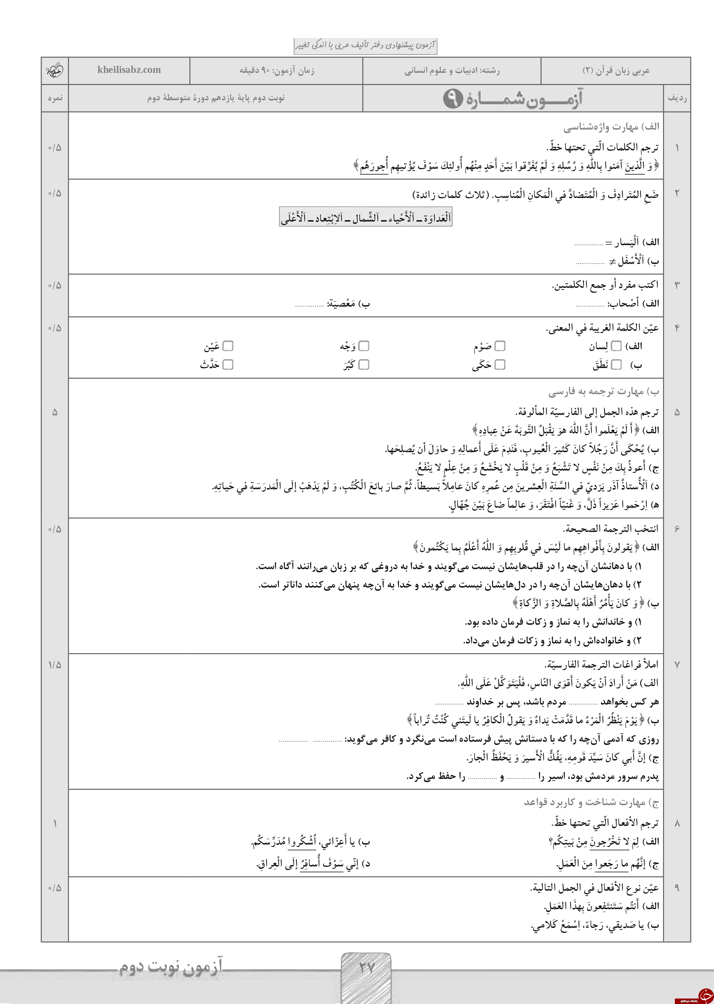 &nbsp;مهم ترین نمونه سوالات نوبت &nbsp;دوم&nbsp; رشته انسانی پایه یازدهم  به همراه پاسخ نامه