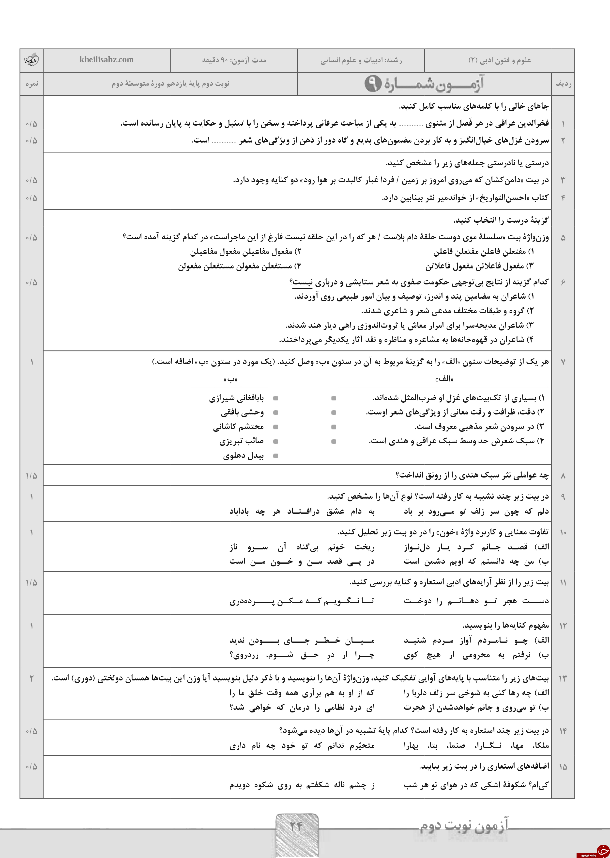 &nbsp;مهم ترین نمونه سوالات نوبت &nbsp;دوم&nbsp; رشته انسانی پایه یازدهم  به همراه پاسخ نامه