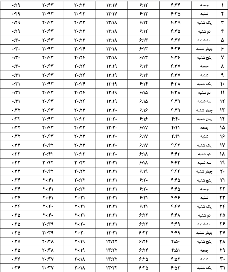 اوقات شرعی تیرماه سال 1397 به افق اهواز