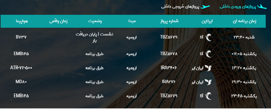 پرواز&zwnj;های یکشنبه ۳۰ اردیبهشت ماه از فرودگاه بین المللی ارومیه