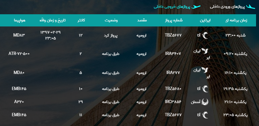 پرواز&zwnj;های یکشنبه ۳۰ اردیبهشت ماه از فرودگاه بین المللی ارومیه