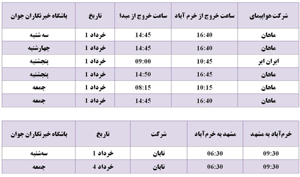 برنامه پرواز‌های فرودگاه خرم آباد از ۱ تا ۴ خرداد ماه