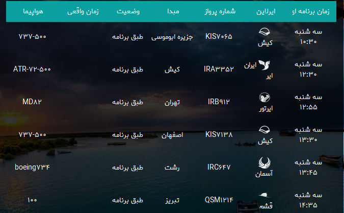 پرواز&zwnj;های فرودگاه بندرعباس سه شنبه ۴ اردیبهشت سال ۹۷
