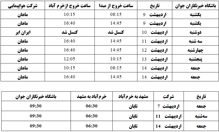 برنامه پرواز‌های فرودگاه خرم‌آباد تا ۱۴ اردیبهشت ماه ۱۳۹۷