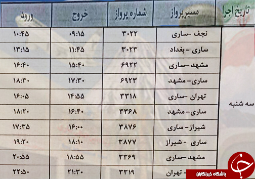 پرواز&zwnj;های سه شنبه ۲۲ خرداد از فرودگاه&zwnj;های مازندران