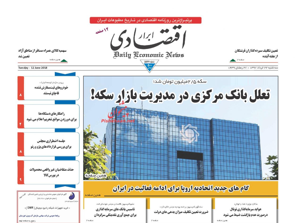 صفحه نخست روزنامه های اقتصادی 22 خردادماه