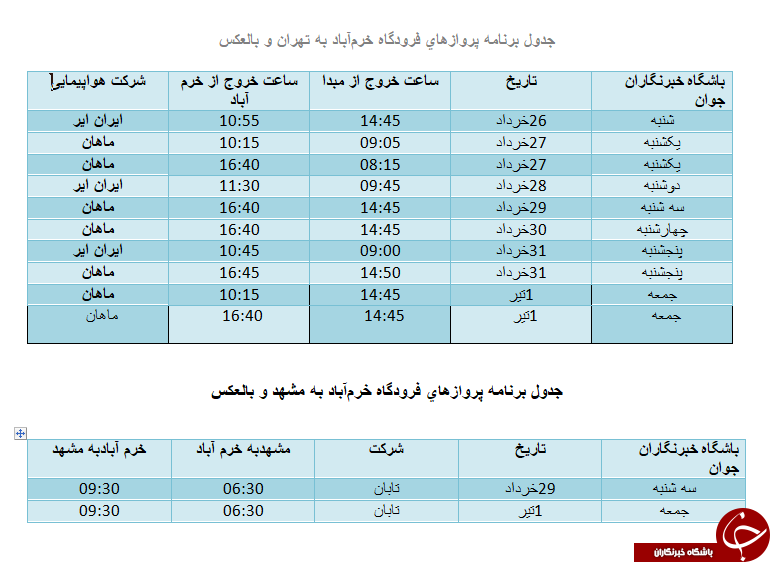 برنامه پرواز فرودگاه خرم آباد از ۲۶ خرداد تا ۱ تیر