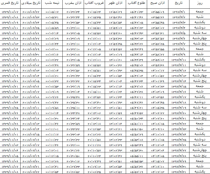 اوقات شرعی تیرماه 97 به افق سمنان