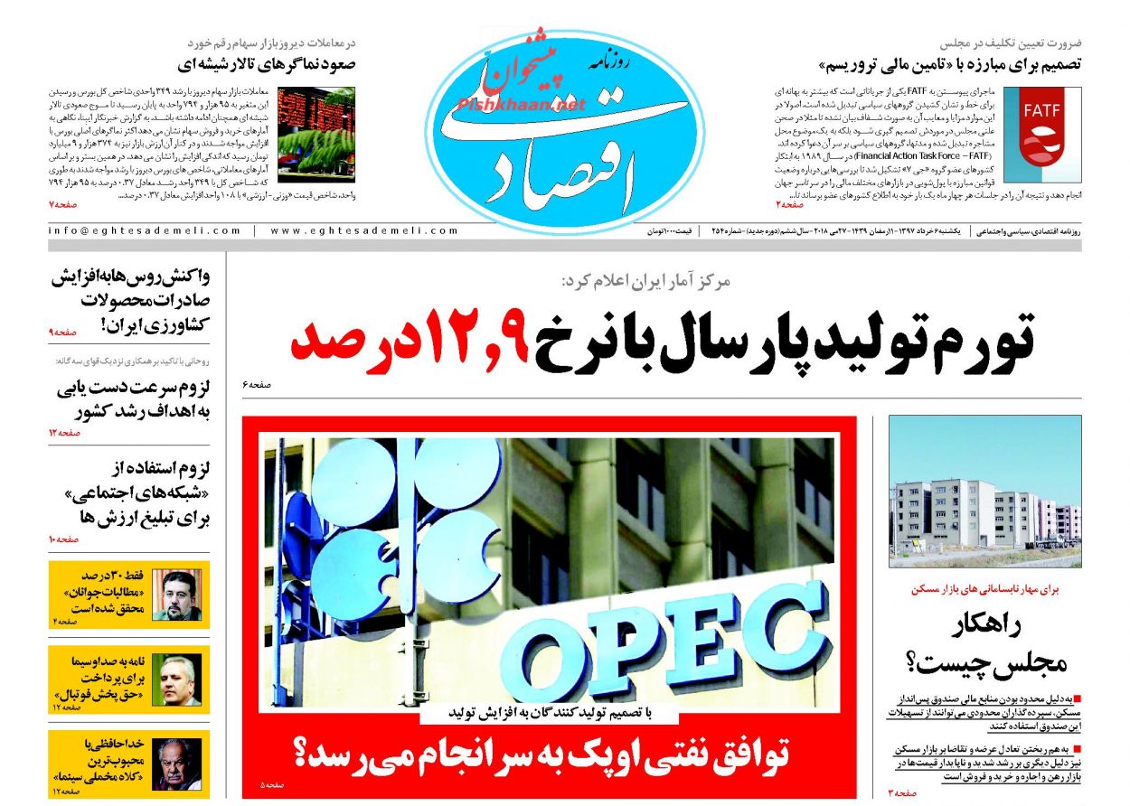 صفحه نخست روزنامه های اقتصادی 6 خردادماه