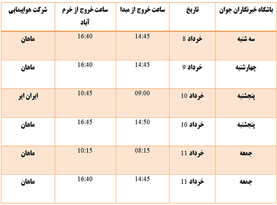 برنامه پرواز&zwnj;های فرودگاه خرم&zwnj;آباد از ۸ خرداد تا ۱۱ خردادماه ۱۳۹۷