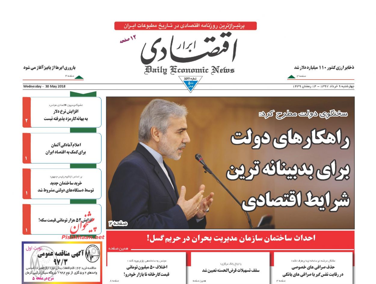 صفحه نخست روزنامه های اقتصادی 9 خردادماه