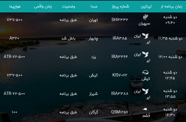 پرواز&zwnj;های فرودگاه بندرعباس یکشنبه ۱۰ تیر ۹۷